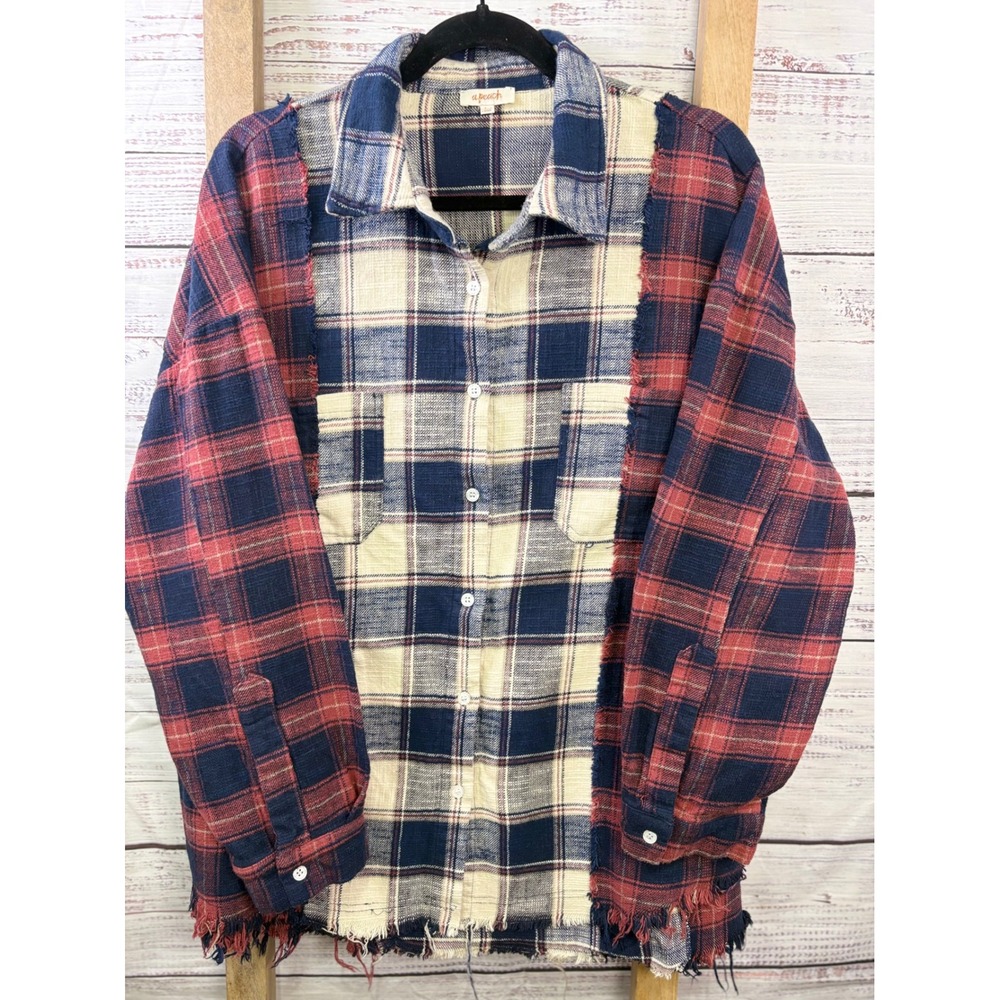 A.Peach Womens Colorblock Plaid Flannel Distressed Frayed Hem Shirt Large